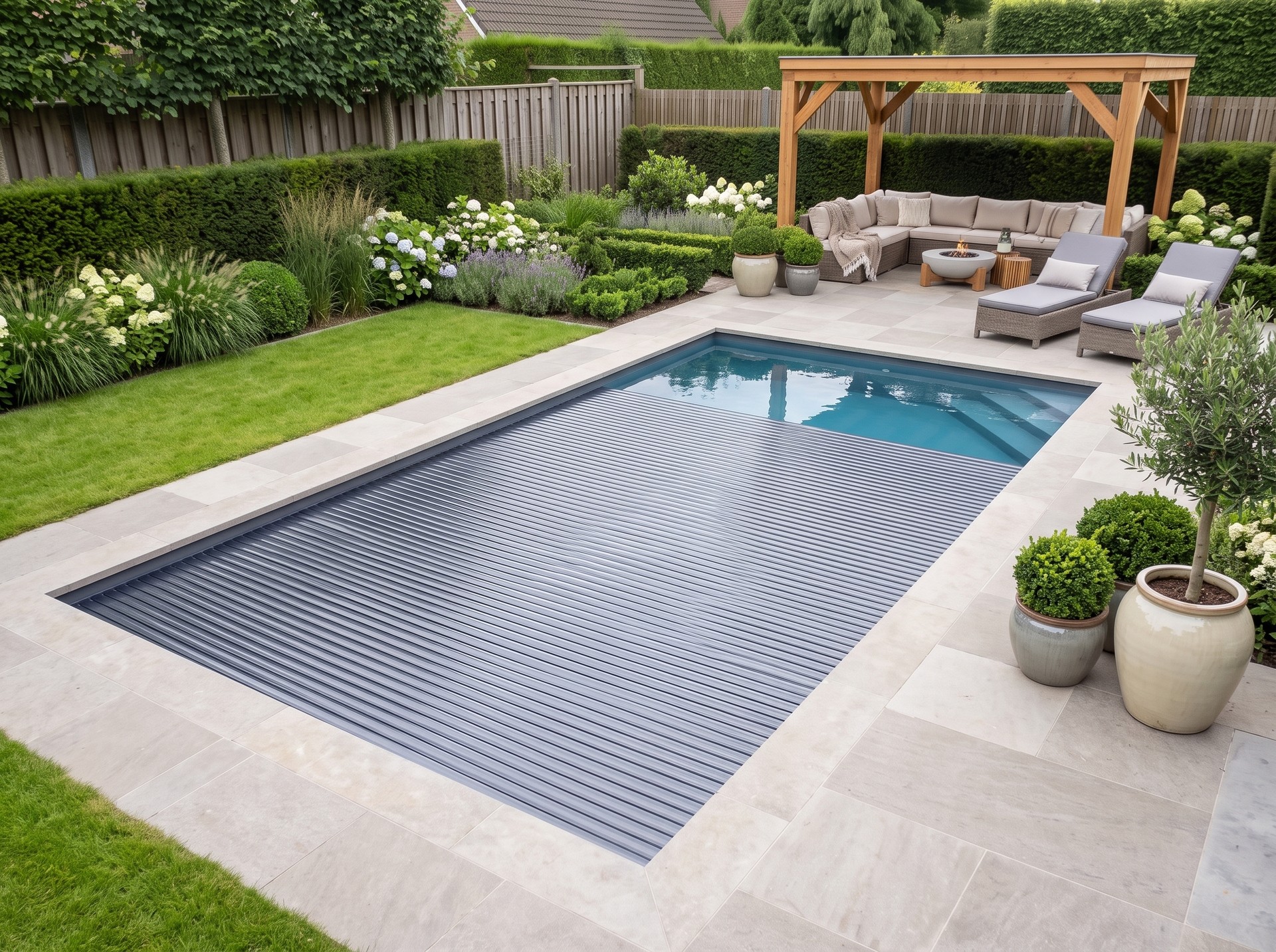 Moderne tuin met zwembad en lamellenafdekking