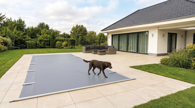 Ein Hund läuft über eine graue Stababdeckung auf einem Schwimmbecken auf einer gefliesten Terrasse