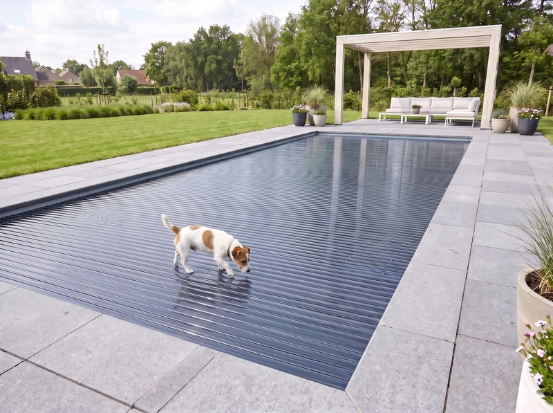 Hond op zwembadafdekking bij pergola