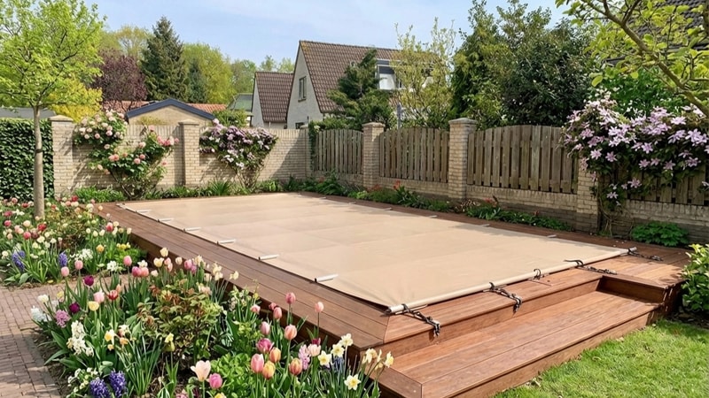 Beigefarbene Stangenabdeckung auf einem Schwimmbad mit Holzterrasse und blühenden Tulpen
